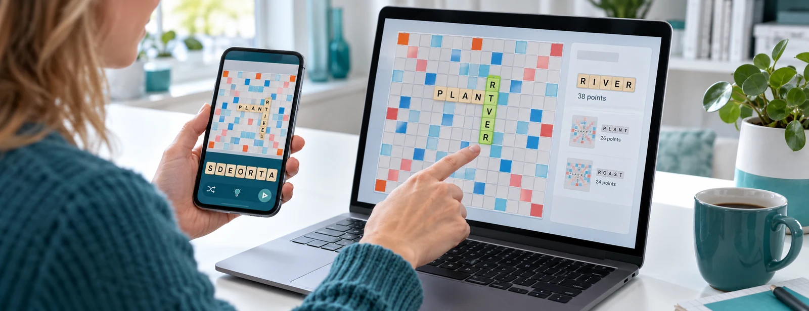 Een Wordfeud-bord op een telefoon en de schermafdrukanalyse op een laptop.